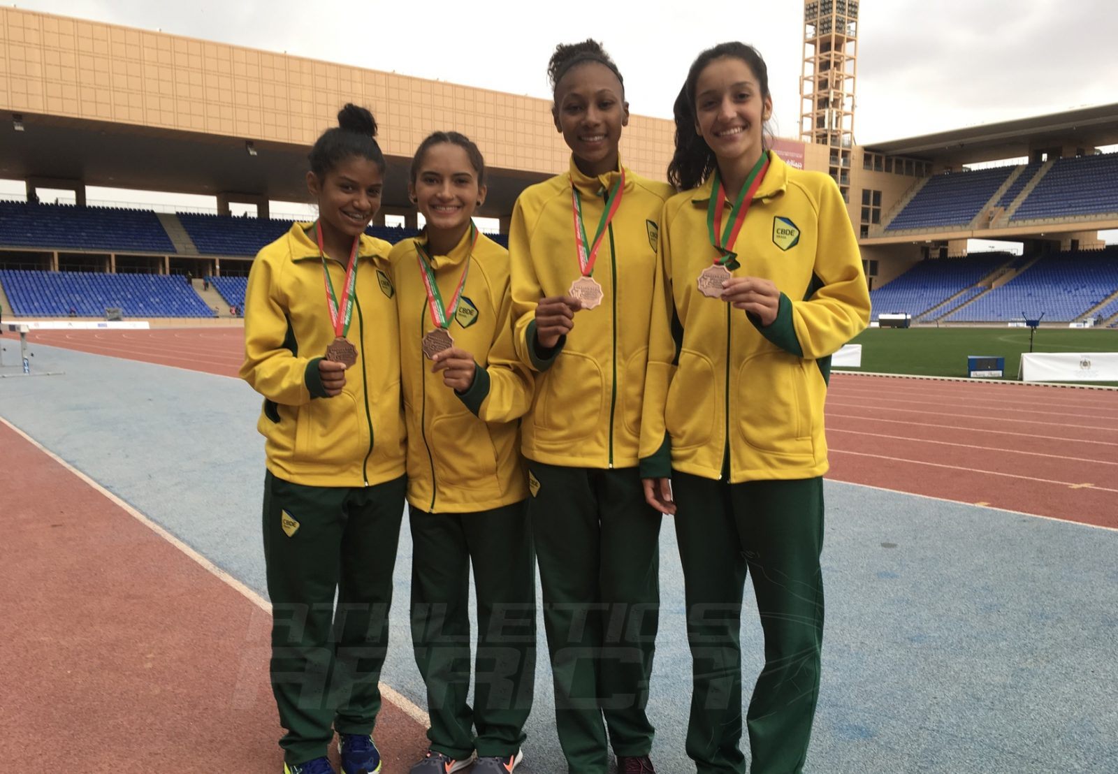 The Brazilian team after the Girls 4x400m Relays medal presentation at Gymnasiade 2018 in Marrakech / Photo Credit: Yomi Omogbeja