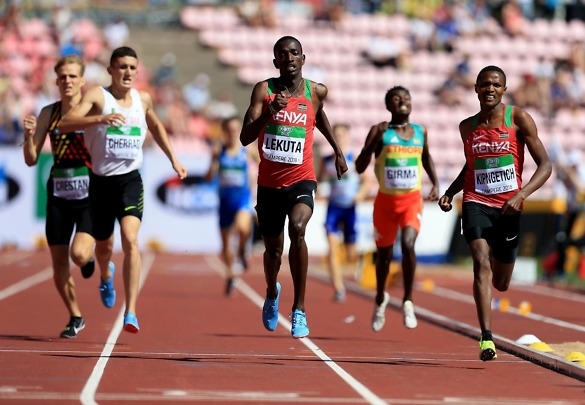 Solomon_Lekuta-Oussama_Cherrad-800m-Tampere2018 Solomon Lekuta sprints home to win the men's 800m gold for Kenya at the IAAF World U20 Championships Tampere 2018 / Photo Credit: Getty Images for IAAF