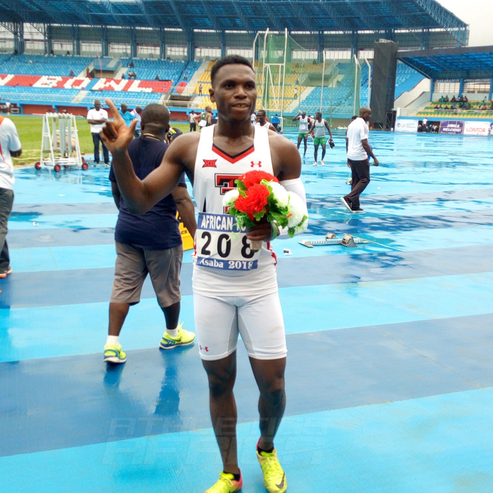 Divine Oduduru won the men's 100m in 10.40 secs. Ogho-Oghene Egwero finished 2nd in 10.46 and Enoch Adegoke 3rd in 10.52. / Photo credit: Naomi Peters for Athletics Africa
