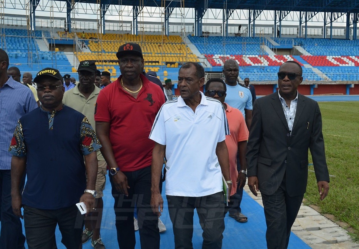 Vivian Gungaram, vice-president and technical director of the Confederation of African Athletics (CAA) and other participants for the Delegates Registration Meeting for CAA Asaba 2018 tour the facilities at the Stephen Keshi Stadium in Asaba on Tuesday 10 July, 2018 / Photo Credit: Asaba 2018 LOC