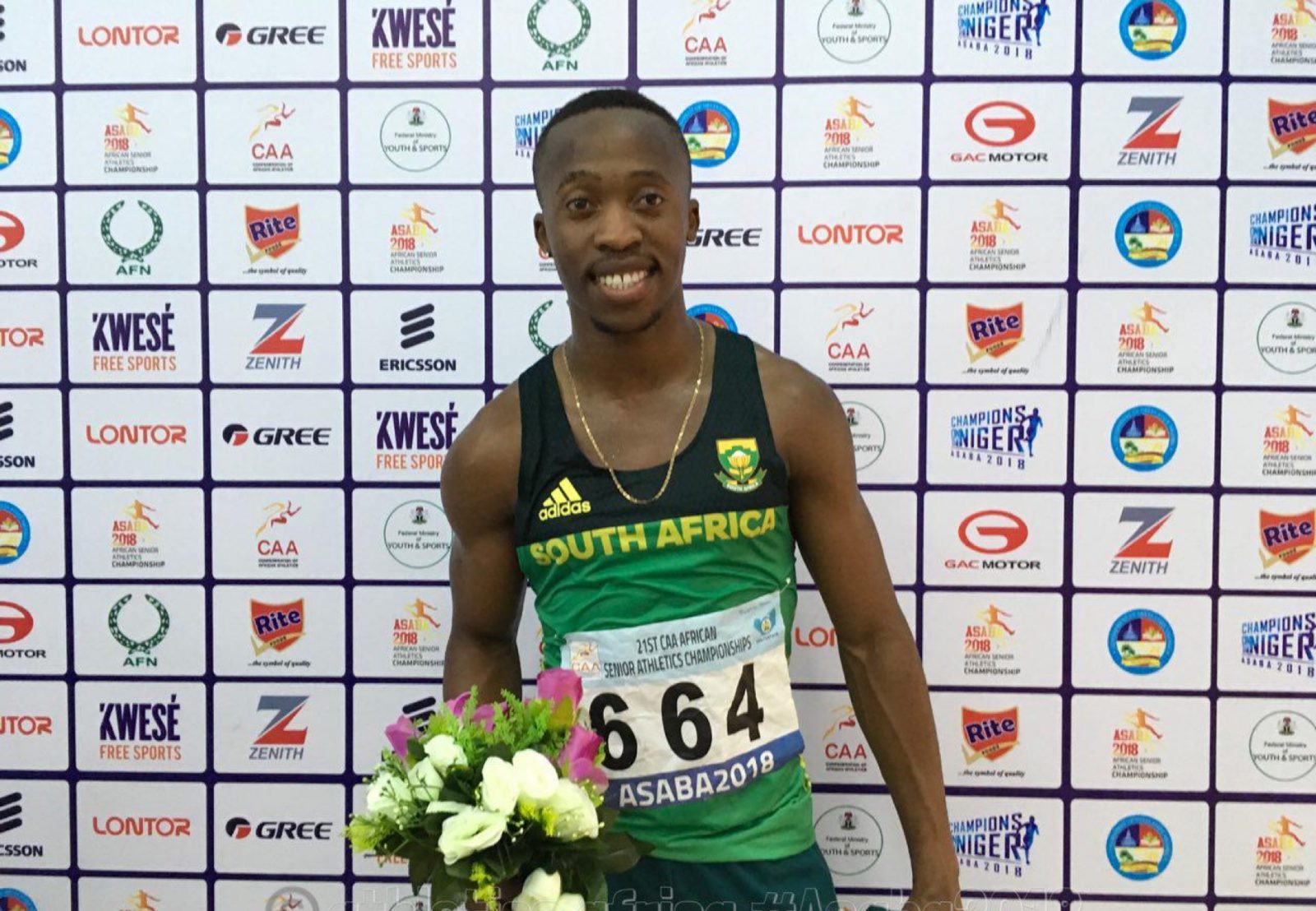 South Africa's Thapelo Phora after taking silver medal in the men's 400m at the 2018 African Senior Championships in Asaba / Photo credit: Yomi Omogbeja