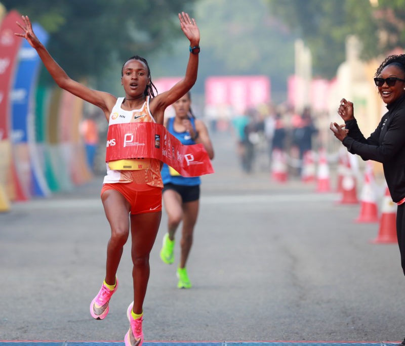 Ethiopia's Tsehay Gemechu wins at the ADHM 2019 in a women's course record / Photo credit: Procam International