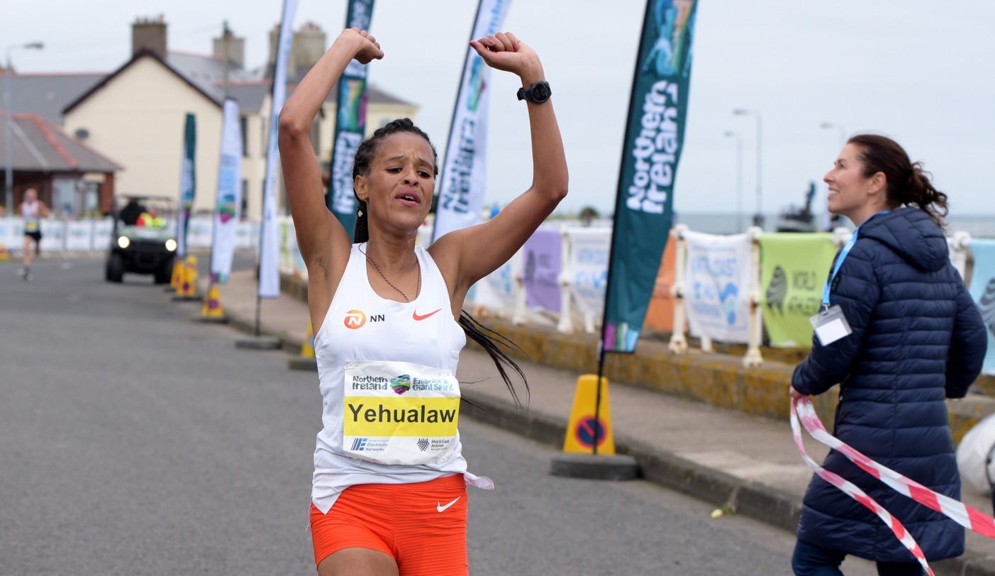 Ethiopia’s Yalemzerf Yehualaw winning in Larne / credit: Antrim Coast Half Marathon