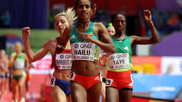Ethiopia's Lemlem Hailu winning the women’s 3000m title at the World Athletics Indoor Championships in Belgrade / Credit: Getty Images for World Athletics