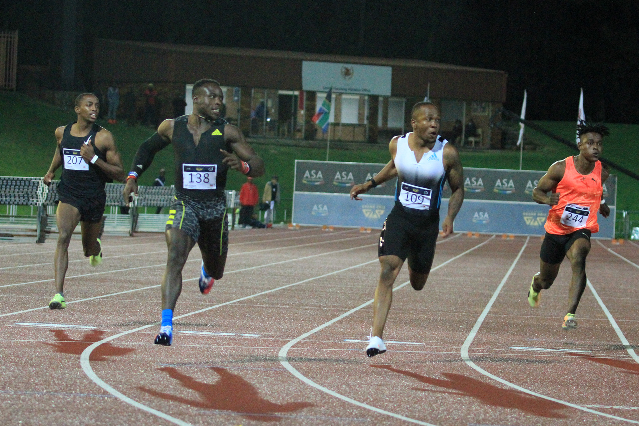 Ferdinand Omanyala outrunning Akani Simbine in a 100m showdown between Africa’s fastest male sprinters at the 4th leg of the ASA Athletics Grand Prix Series at the Germiston Athletics Stadium / Photo credit: Tladi Khuele