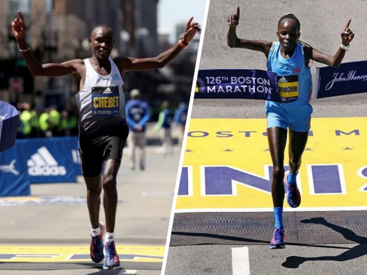 Kenyans Evans Chebet and Peres Jepchirchir winning at the 126th Boston Marathon / Credit: BAA