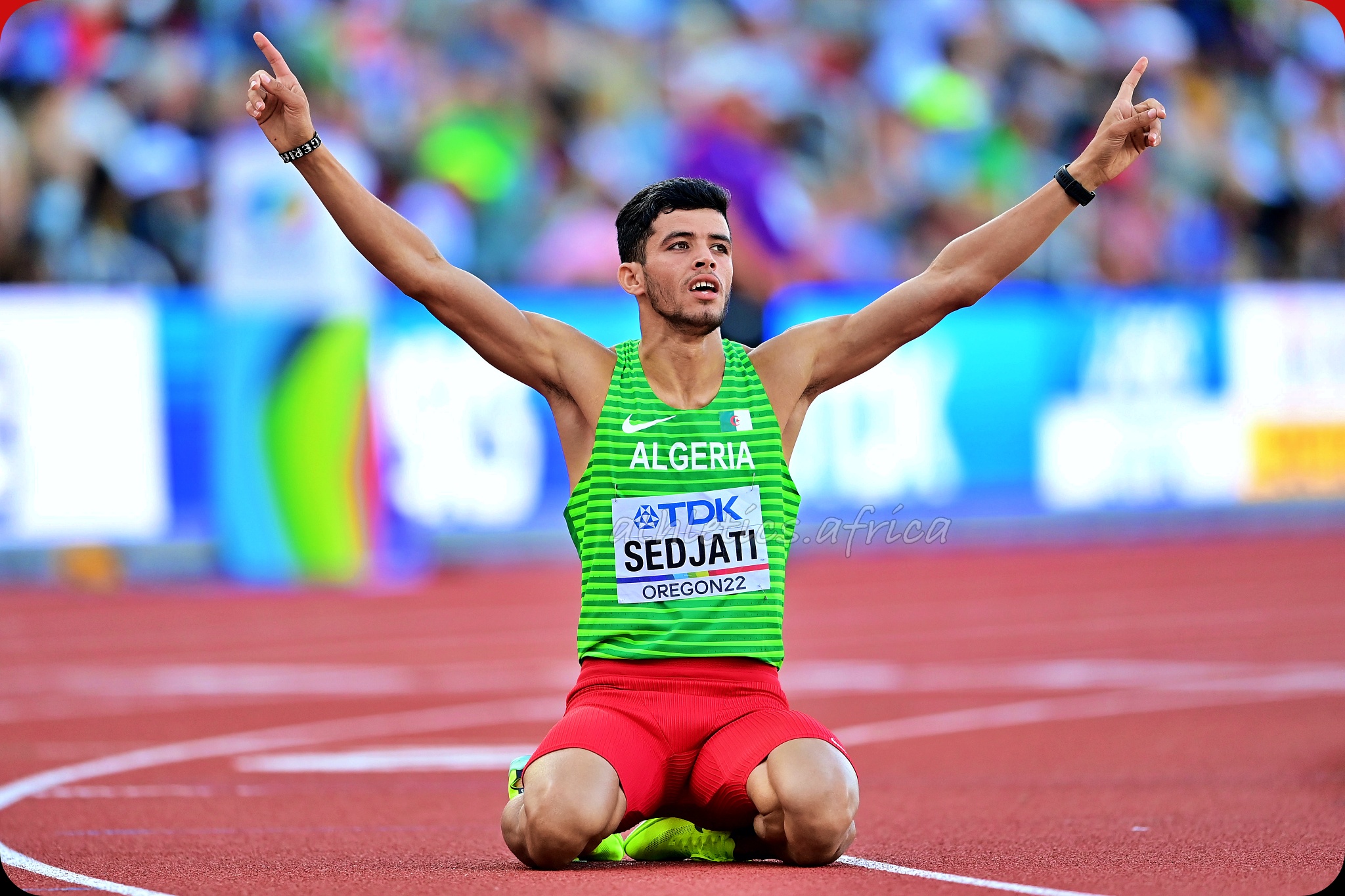 Djamel Sedjati of Team Algeria reacts after competing in the Men's 800m Semi-Final on day seven of the World Athletics Championships Oregon22 at Hayward Field on July 21, 2022 in Eugene, Oregon. (Photo by Hannah Peters/Getty Images for World Athletics)