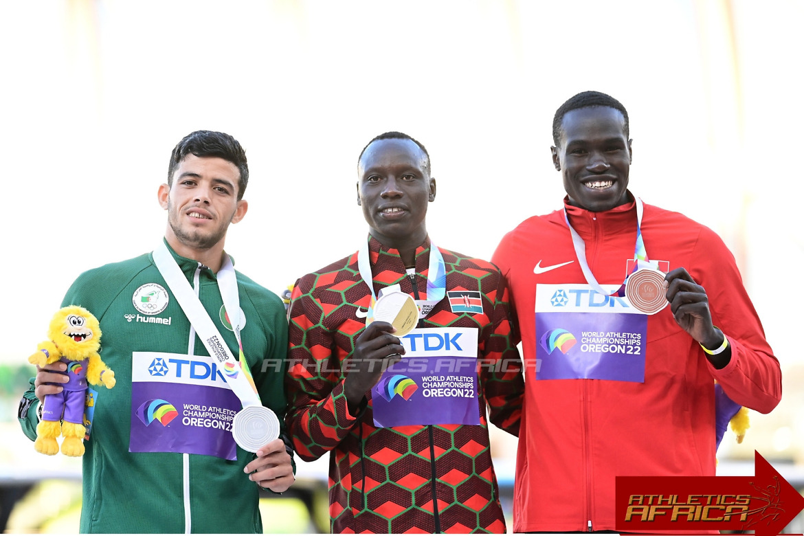 Silver medalist Djamel Sedjati of Team Algeria, gold medalist Emmanuel Kipkurui Korir of Team Kenya, and bronze medalist Marco Arop of Team Canada pose during the medal ceremony for the Men's 800m Final on day nine of the World Athletics Championships Oregon22 at Hayward Field on July 23, 2022 in Eugene, Oregon. (Photo by Hannah Peters/Getty Images for World Athletics)
