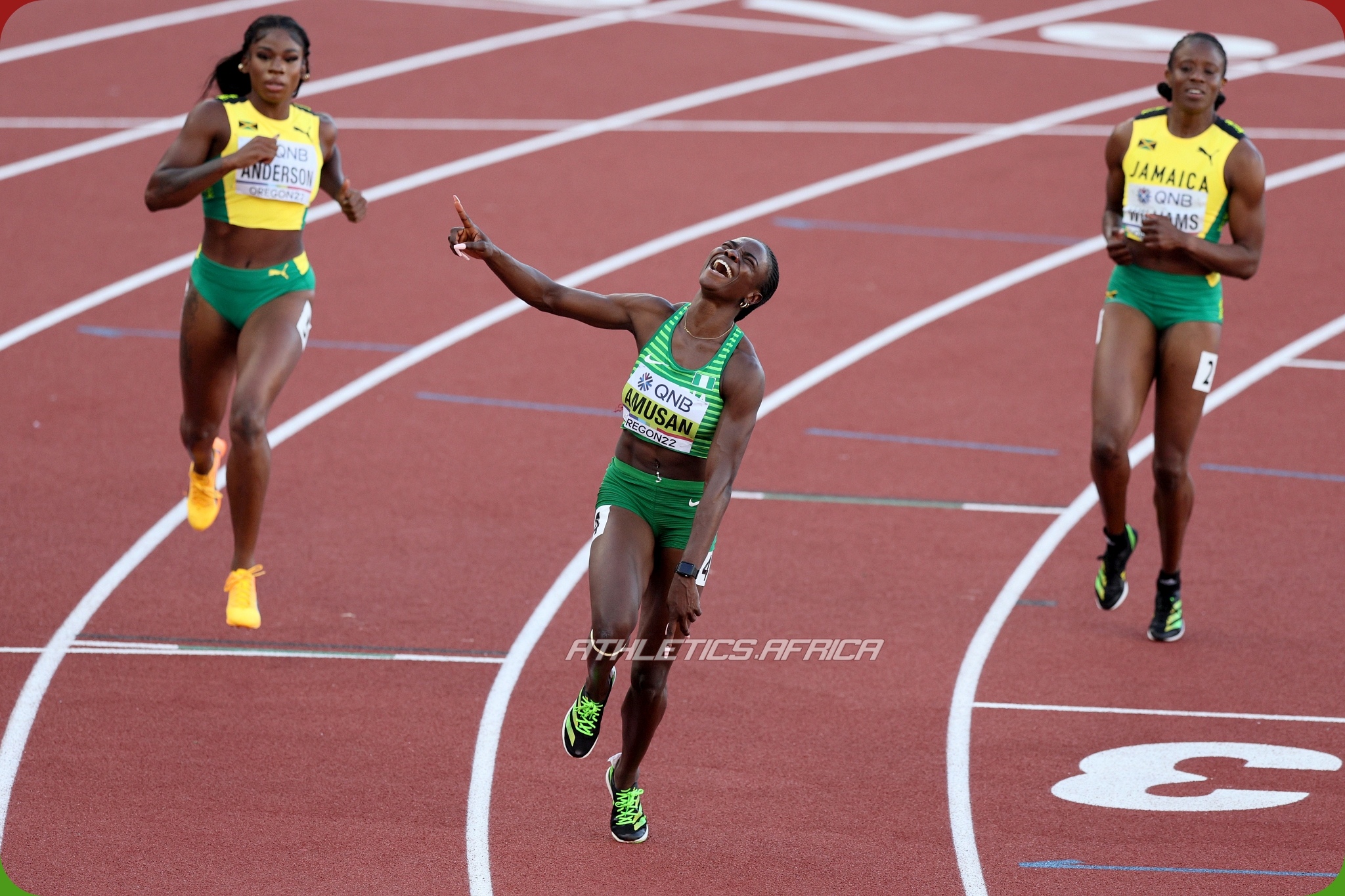 Britany Anderson of Team Jamaica, Tobi Amusan of Team Nigeria and Danielle Williams of Team Jamaica cross the finish line in the Women's 100m Hurdles Final on day ten of the World Athletics Championships Oregon22 at Hayward Field on July 24, 2022 in Eugene, Oregon. (Photo by Andy Lyons/Getty Images for World Athletics)