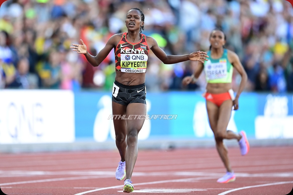 EUGENE, OREGON - JULY 18: Faith Kipyegon of Team Kenya reacts after competing in the Women's 1500m Final on day four of the World Athletics Championships Oregon22 at Hayward Field on July 18, 2022 in Eugene, Oregon. (Photo by Hannah Peters/Getty Images for World Athletics)