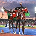 (L-R) Bronze Medalist Kibiwott Kandie, Silver Medalist Daniel Simiu Ebenyo and Edward Zakayo Pingua of Team Kenya celebrate following the Men's 10,000m Final on day five of the Birmingham 2022 Commonwealth Games at Alexander Stadium on August 02, 2022 in the Birmingham, England. (Photo by David Ramos/Getty Images)