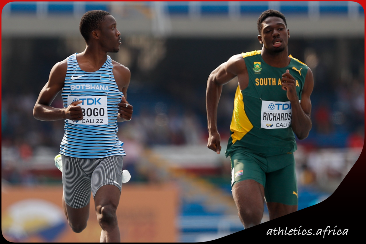 Letsile Tebogo of Botswana and Benjamin Richardson of South Africa at Cali22