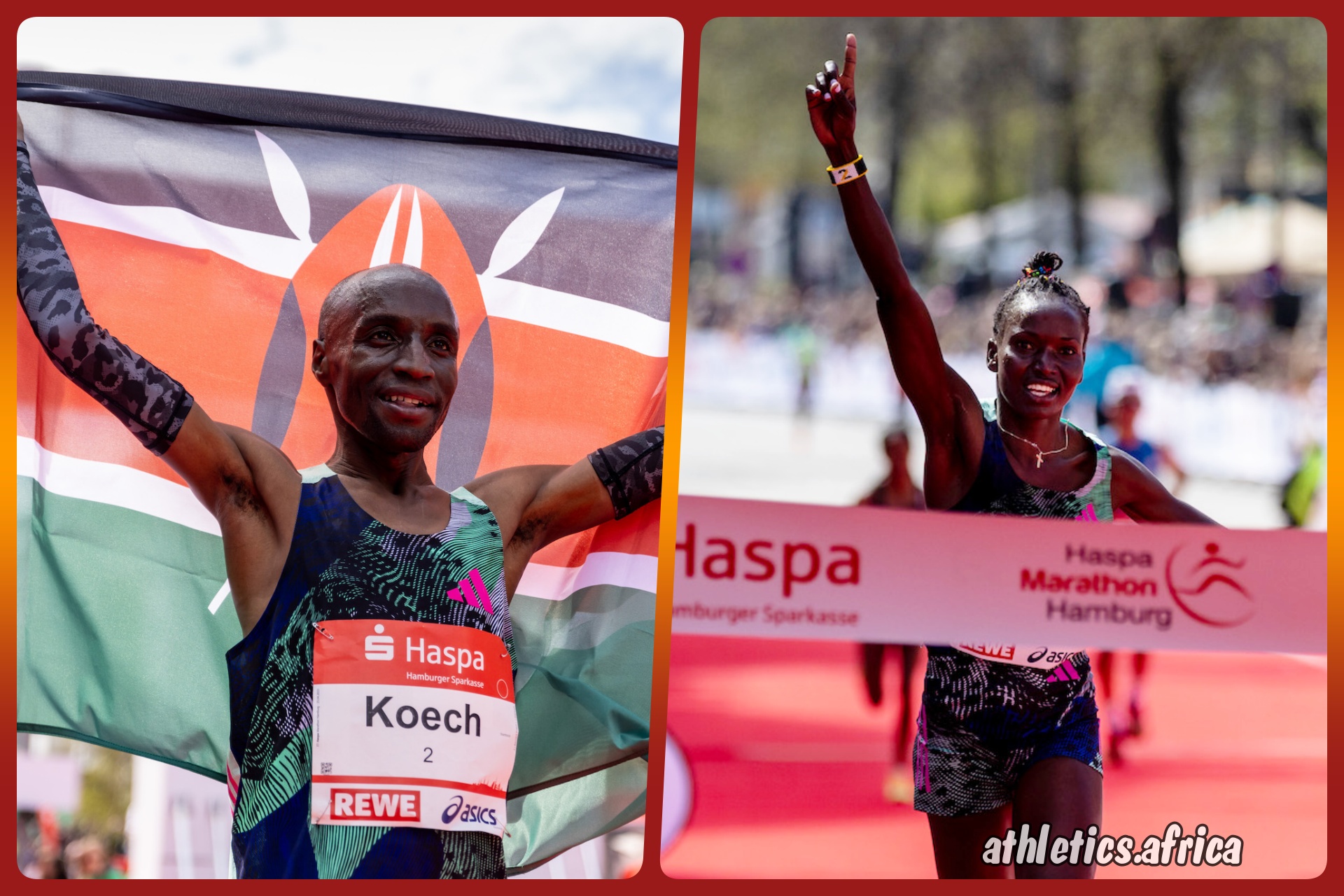 Kenyans Dorcas Tuitoek and Bernard Koech at the Haspa Marathon Hamburg 2023 / Credit: Haspa Marathon Hamburg / Hoch Zwei
