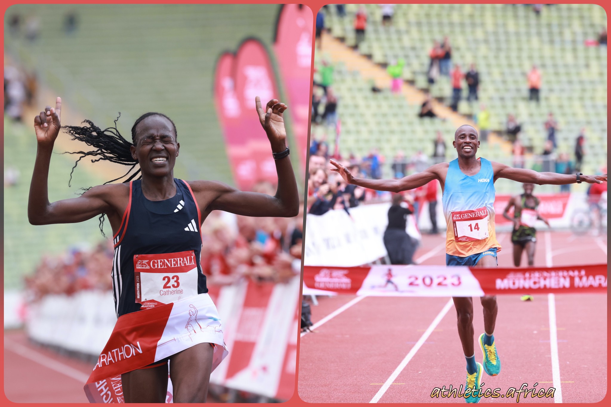 Kenyans Bernard Muia and Catherine Cherotich winning their races at the 2023 Munich Marathon / Photo credit: Norbert Wilhelmi