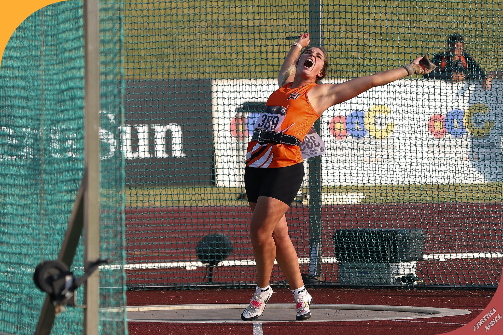 Leandri Geel's national record hammer throw scream. Photo credit: Cecilia van Bers