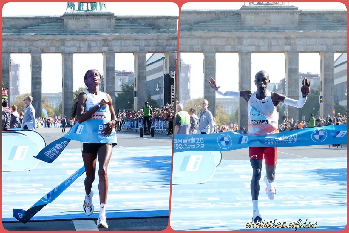 Tigst Assefa and Eliud Kipchoge winning at the BMW Berlin Marathon / Photo credit: Photorun.net