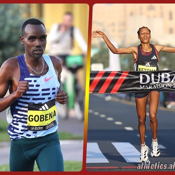 Ethiopia’s Addisu Gobena Aga shocked to win the Dubai Marathon men’s elite title while Tigist Ketema Tebo becomes the eighth fastest woman in marathon history / Photo credit: Giancarlo Colombo