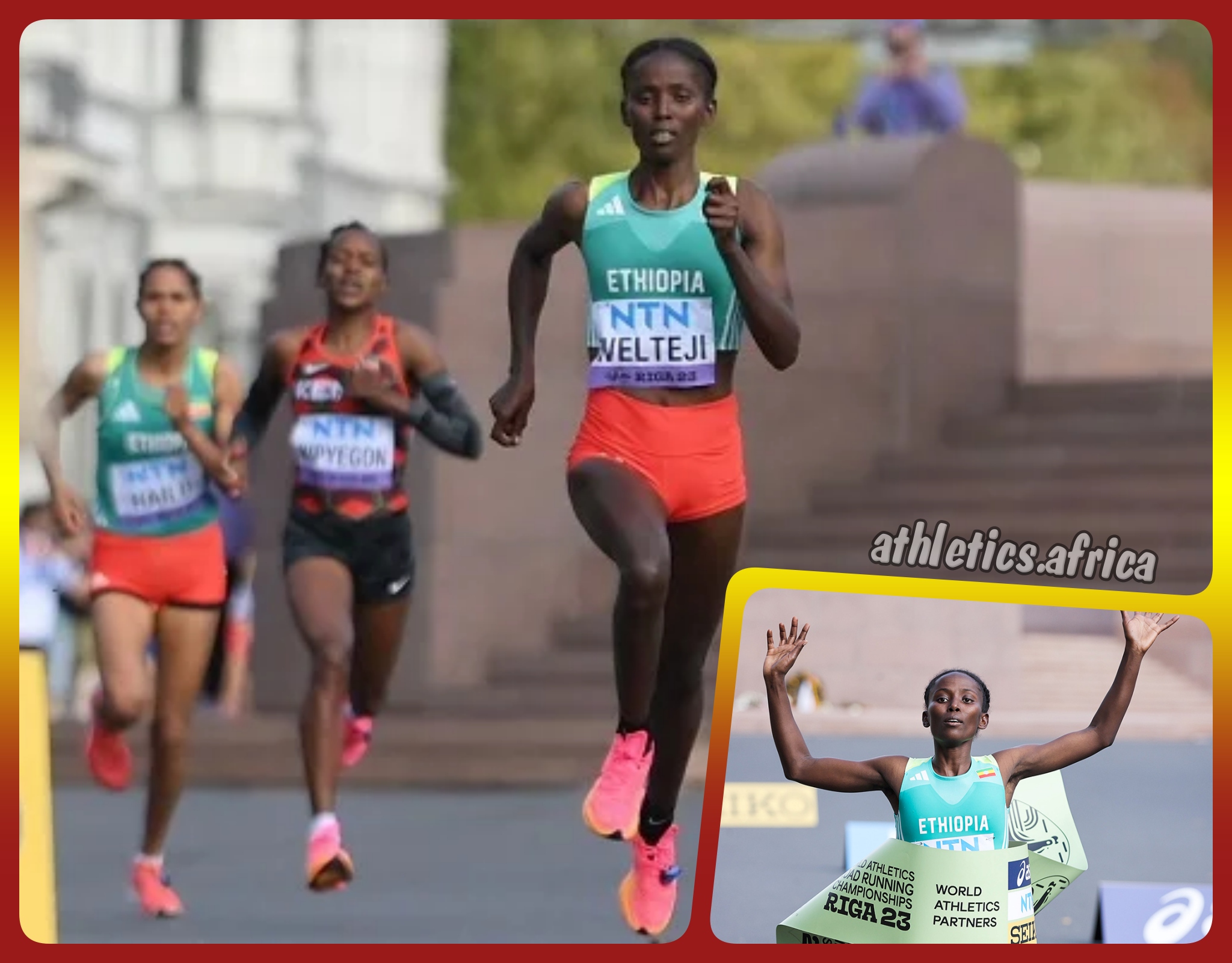 Ethiopian Diribe Welteji on her way to winning the mile in Riga 23 / Photo: Adam Nurkiewicz for World Athletics