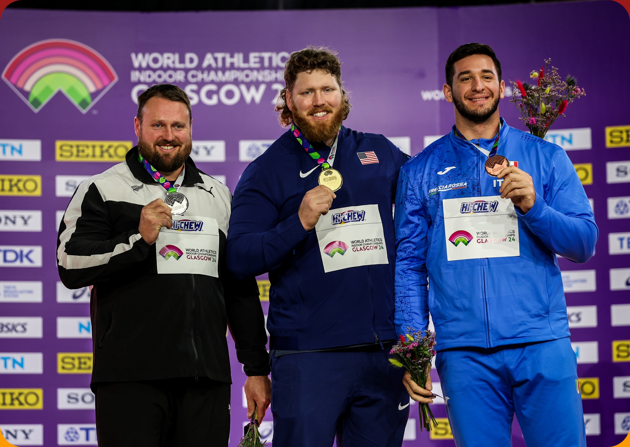 Men's Shot Put podium at the World Athletics Indoor Championships Glasgow 2024 / Photo by Dan Vernon for World Athletics