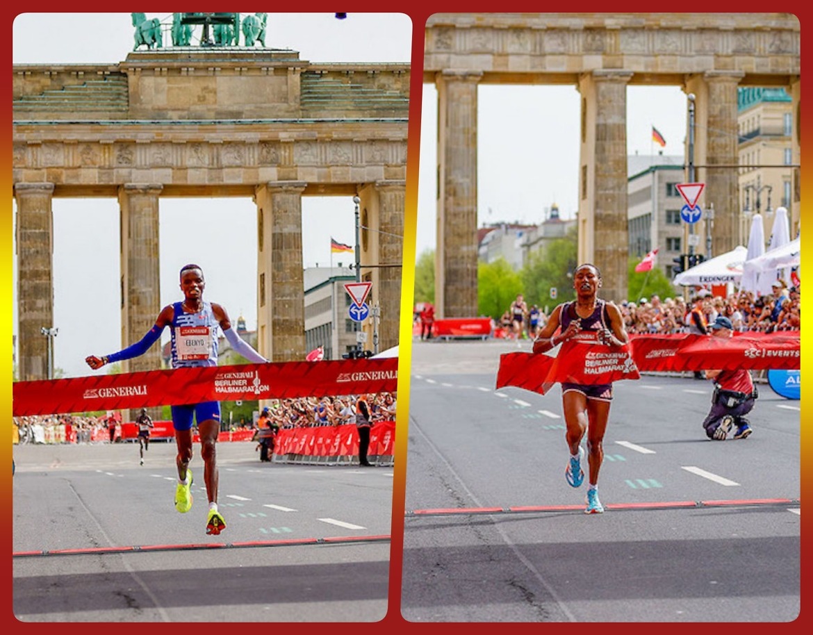Daniel Ebenyo and Tekle Muluat winning the 43rd GENERALI BERLIN HALF MARATHON / Photo credit: SCC EVENTS / Jean-Marc Wiesner