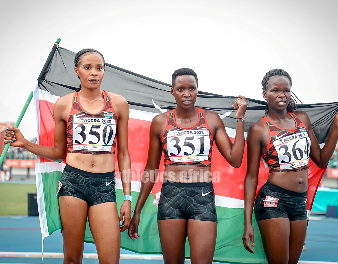 Kenyan gold medallist Beatrice Chepkoech (350) and her compatriots in the women's 3000m S/C event at the African Games Accra 2023 / Photo credit: Yomi Omogbeja for AthleticsAfrica