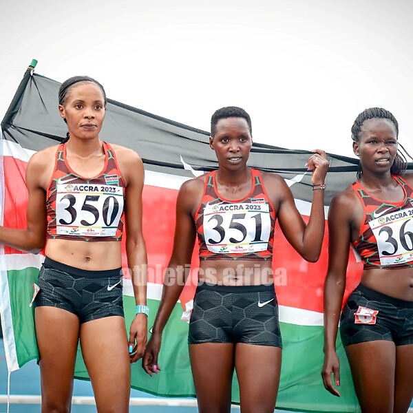 Kenyan gold medallist Beatrice Chepkoech (350) and her compatriots in the women's 3000m S/C event at the African Games Accra 2023 / Photo credit: Yomi Omogbeja for AthleticsAfrica