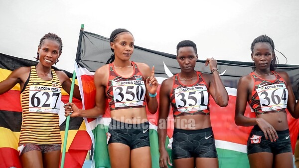 Kenya's Beatrice Chepkoech (350), Uganda's Peruth Chemutai (627) and the rest of the women's 3000m S/C field at the African Games Accra 2023 / Photo credit: Yomi Omogbeja for AthleticsAfrica
