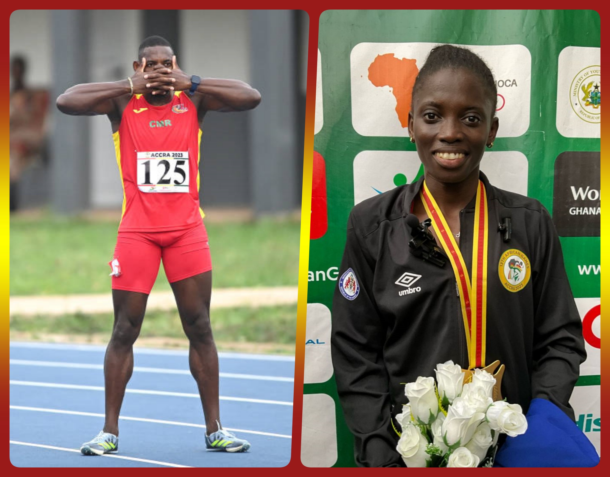 Cameroon’s Emmanuel Eseme and Gambia's Gina Bass-Bittaye at the African Games Accra 2023 / Photo: Yomi Omogbeja for AthleticsAfrica