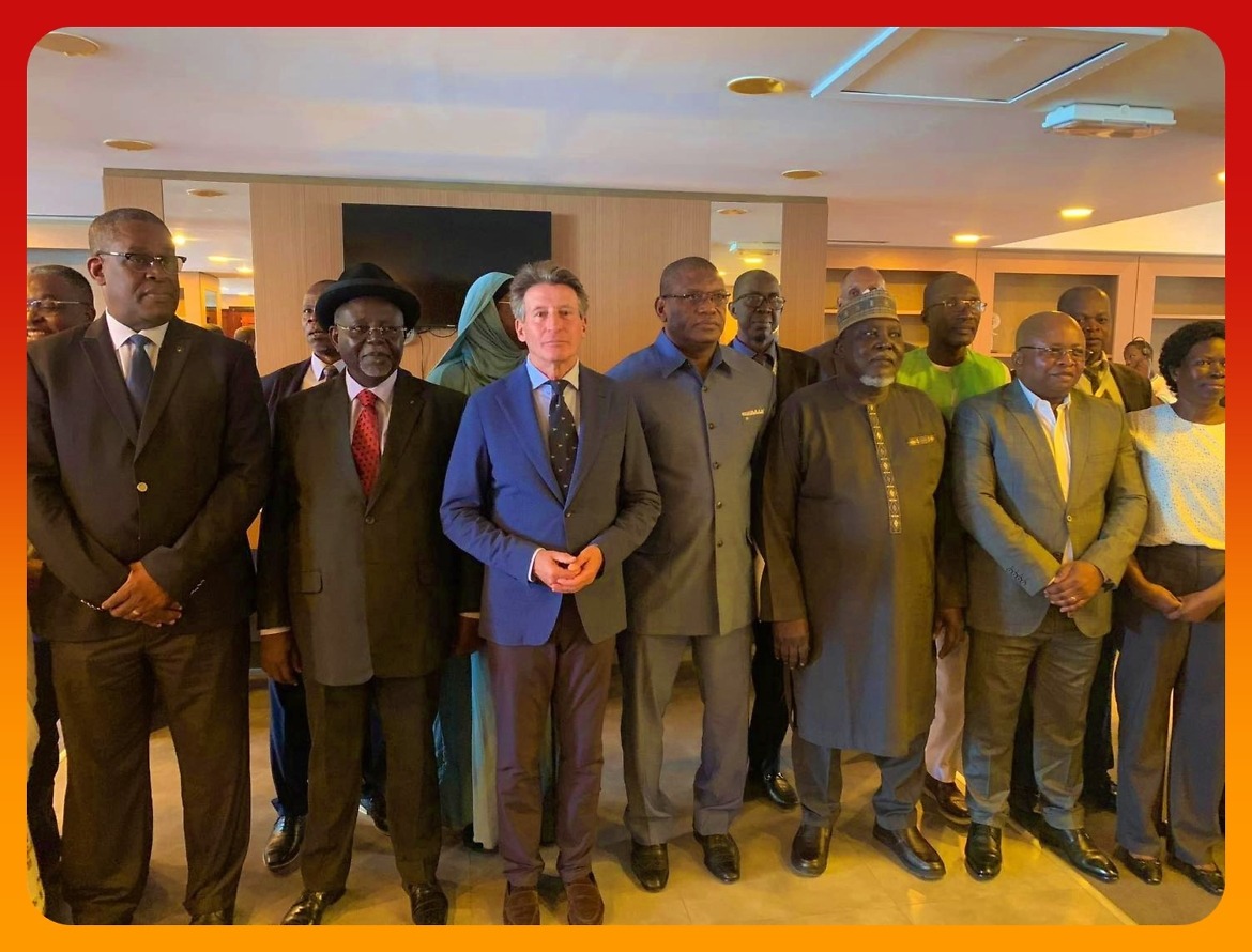 World Athletics President Sebastian Coe, CAA President, Colonel Hamad Kalkaba Malboum, and CAA VP General Jackson Tuwei at the CAA Council Meeting in Douala, Cameroon on Thursday 20 June, 2024 / Photo credit: AthleticsAfrica