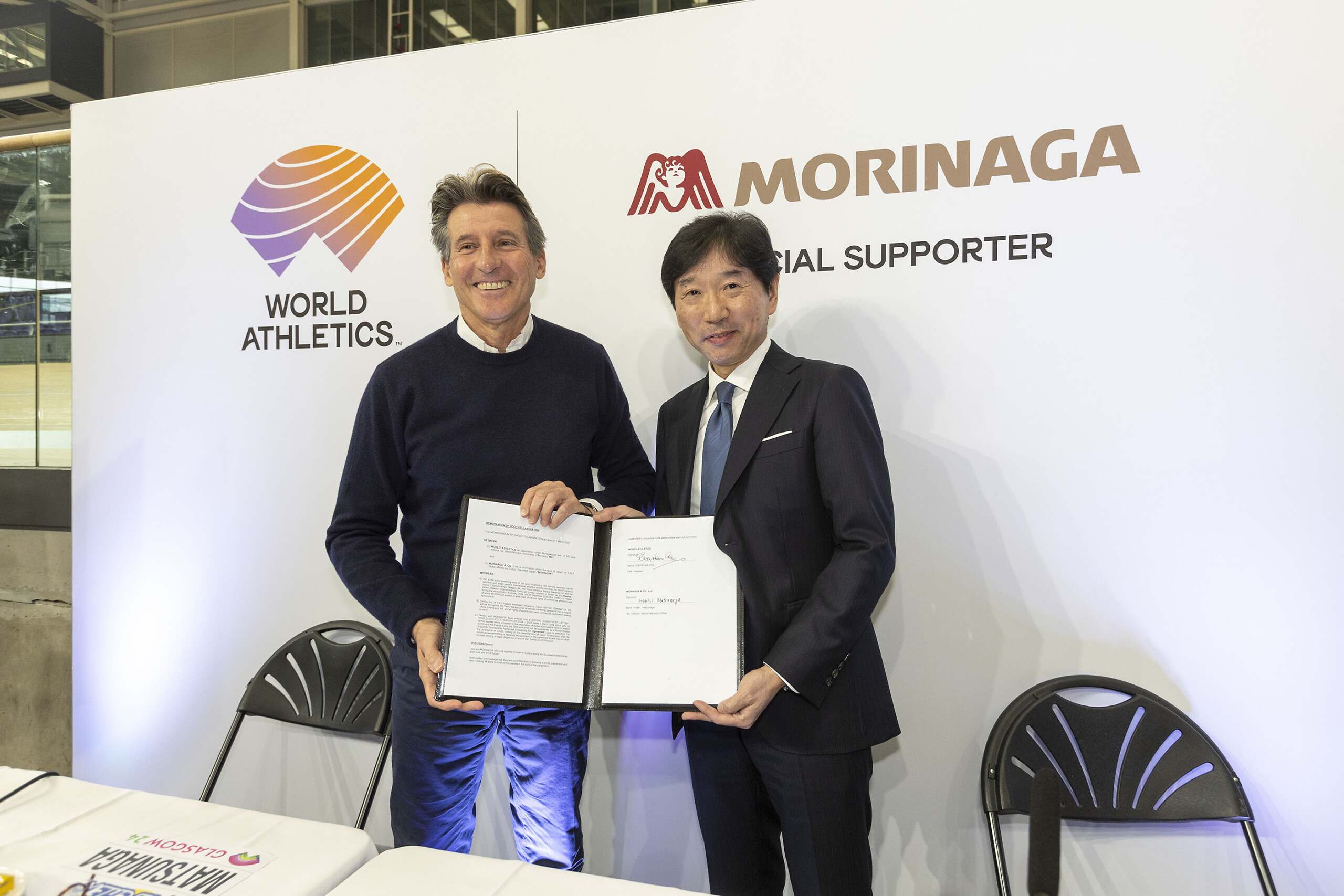 Lord Seb Coe and Morinaga at the World Athletics Indoor championships, Glasgow 24 / © Jeff Holmes / WIC Glasgow 24