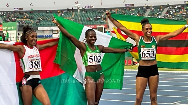 Nigeria's Tobi Amusan (502) and the rest of the women's 100m Hurdles podium at the African Games Accra 2023 / Photo credit: Yomi Omogbeja for AthleticsAfrica