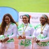 Nigerian women, Ashley Anumba (centre), Obiageri Amaechi and Chioma Onyekwere receiving the women’s discus throw medals at the 23rd CAA African Athletics Championships Douala 24 / Photo: Neto Oluwasegun