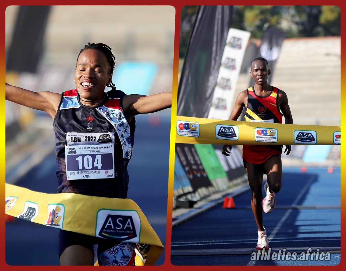 Glenrose Xaba and Andries Sesedi winning the women’s and men's titles at the 2022 ASA 10km Championships on Saturday at Pilditch Stadium, Tshwane / Photo: Cecilia de Bers