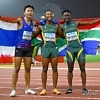 South Africa’s Bayanda Walaza and Bradley Nkoana after taking gold and bronze medals respectively in the Men's 100m Final at 2024 World Athletics U20 Championships Lima, Peru / Photo credit: Enzo Santos Barreiro for World Athletics