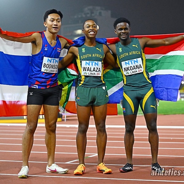 South Africa’s Bayanda Walaza and Bradley Nkoana after taking gold and bronze medals respectively in the Men's 100m Final at 2024 World Athletics U20 Championships Lima, Peru / Photo credit: Enzo Santos Barreiro for World Athletics