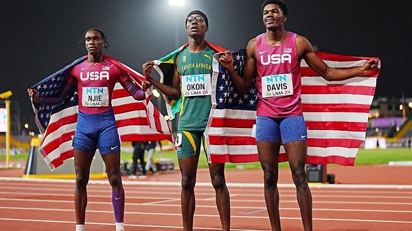 South Africa’s Udeme Okon wins the men's 400m final in 45.69 ahead of USA duo Jayden Davis and Sidi Njie at 2024 World Athletics U20 Championships Lima, Peru / Photo credit: Christel Saneh for World Athletics