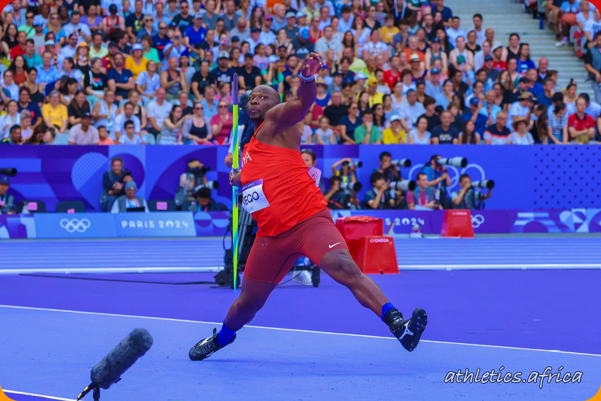 Kenya’s Julius Yego in action during the men's Javelin Throw qualification round at the Stade de France - Paris 2024 Olympics / Photo: Kelly Ayodi for NOCK