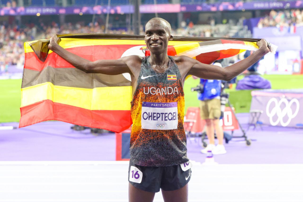 Uganda’s Joshua Cheptegei wins the Paris 2024 men's 10,000m at the Stade de France / Photo: Kelly Ayodi for NOCK