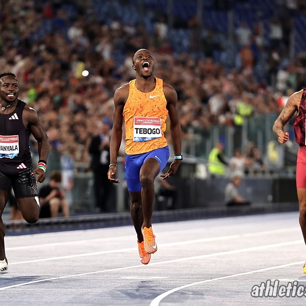 Letsile Tebogo (BOT) wins the Men's 100m with a time of 9.87 at Golden Gala Pietro Mennea, the Wanda Diamond League Event in Rome on 30 Aug 2024 / © Diamond League AG