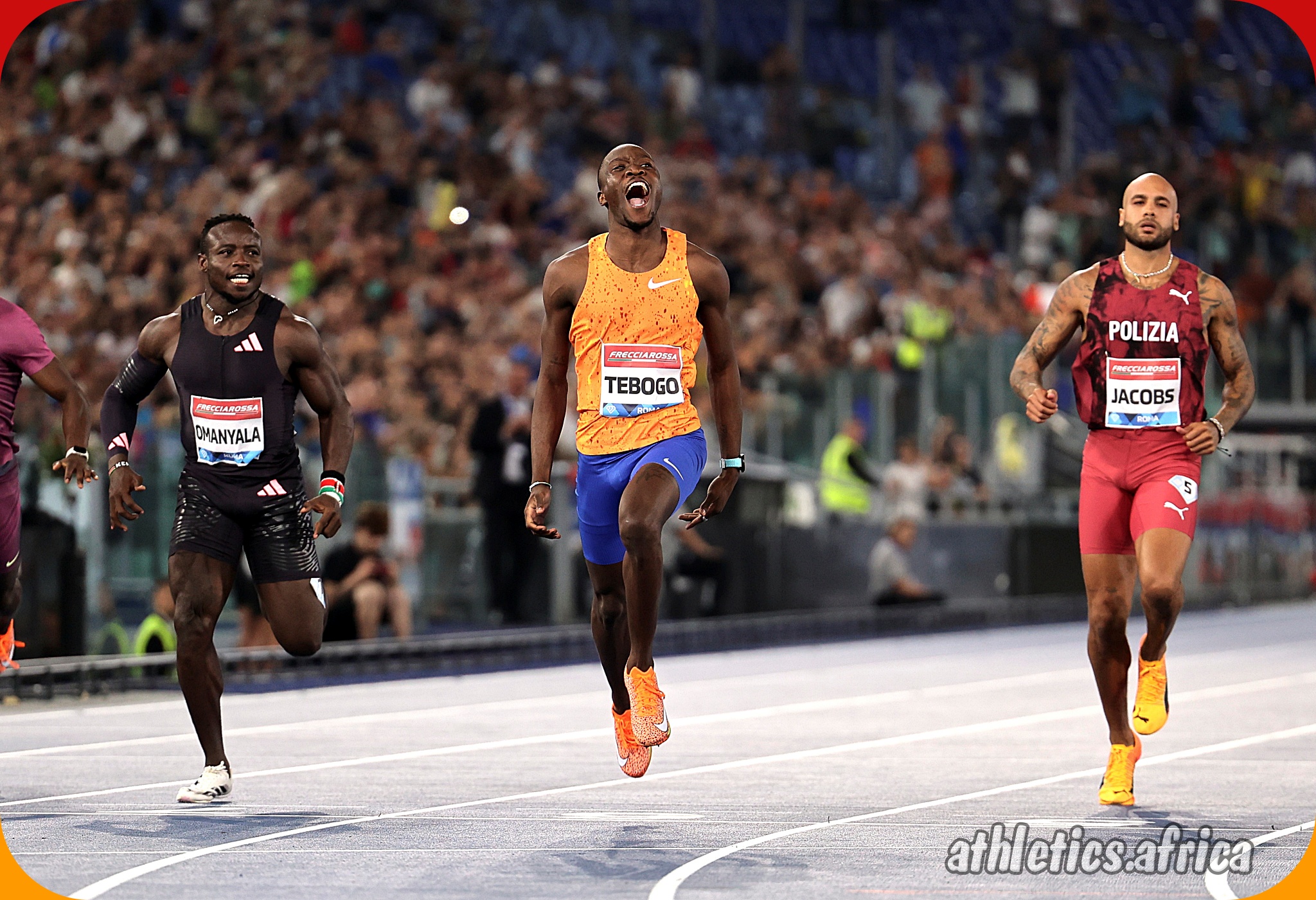 Letsile Tebogo (BOT) wins the Men's 100m with a time of 9.87 at Golden Gala Pietro Mennea, the Wanda Diamond League Event in Rome on 30 Aug 2024 / © Diamond League AG