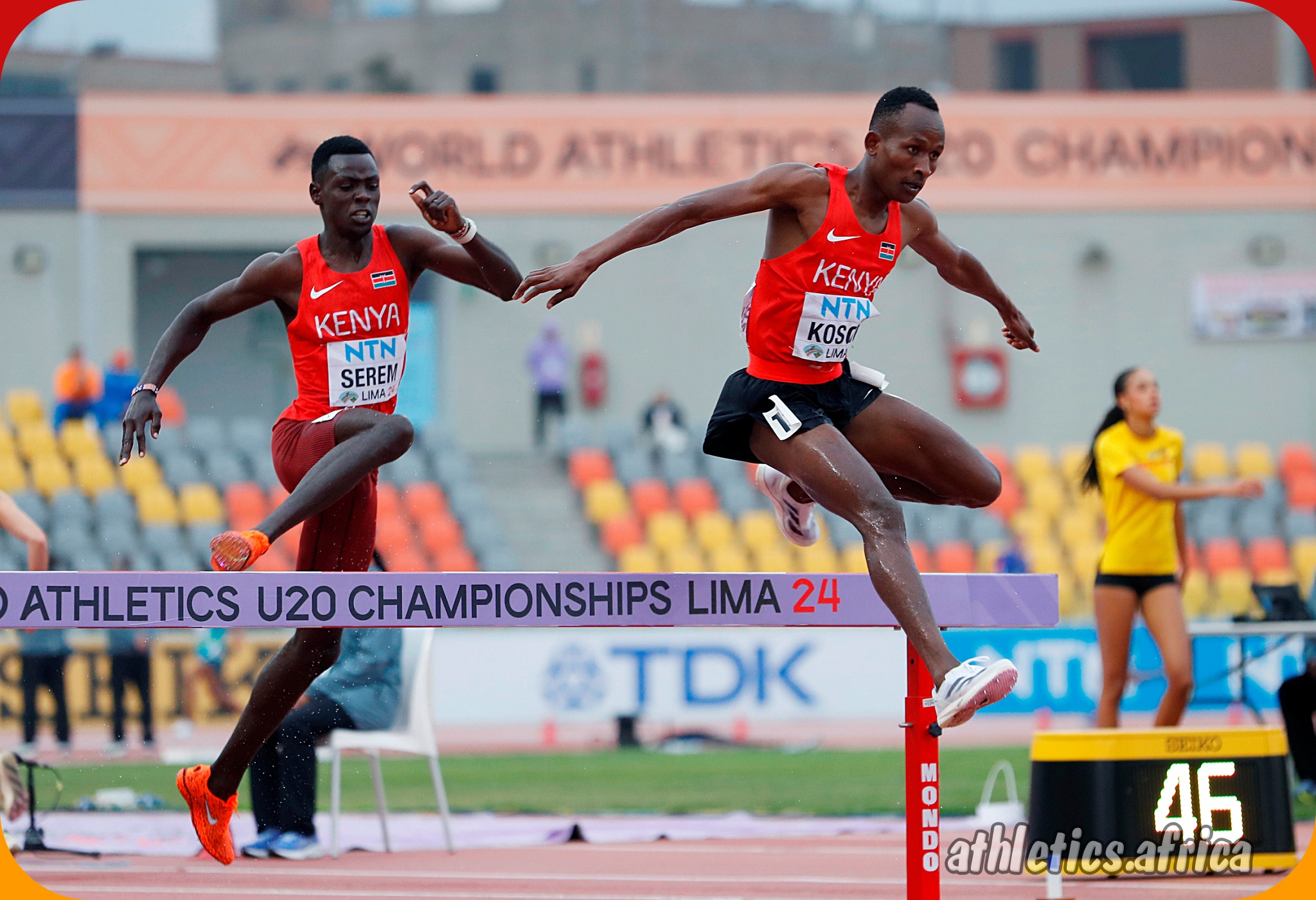 Kenyans Edmund Serem and Matthew Kosgei battle it out during the men's 3000m Steeplechase final at the World Athletics U20 Championships in Lima, Peru / Photo by Oscar Muñoz Badilla for World Athletics.