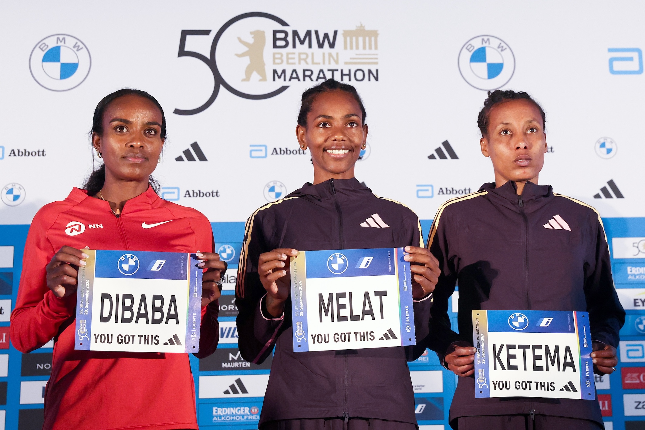 Genzebe Dibaba, Melat Kejeta and Tigist Ketema at the press conference in Berlin - 26 Sept 2024 / Photo credit: Victah Sailer / PhotoRun