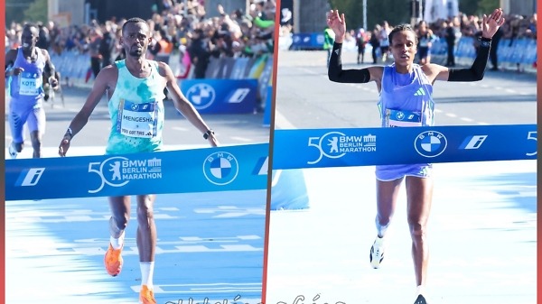 Ethiopians Milkesa Mengesha and Tigist Ketema winning at the BMW Berlin Marathon 2024 / Photo credit: Victah Sailer / PhotoRun