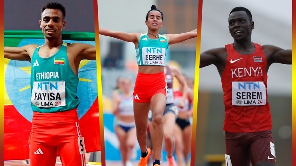 Ethiopians Abdisa Fayisa, Saron Berhe and Kenyan Edmund Serem on the final day of the World Athletics U20 Championships Lima 24 / Photo: World Athletics