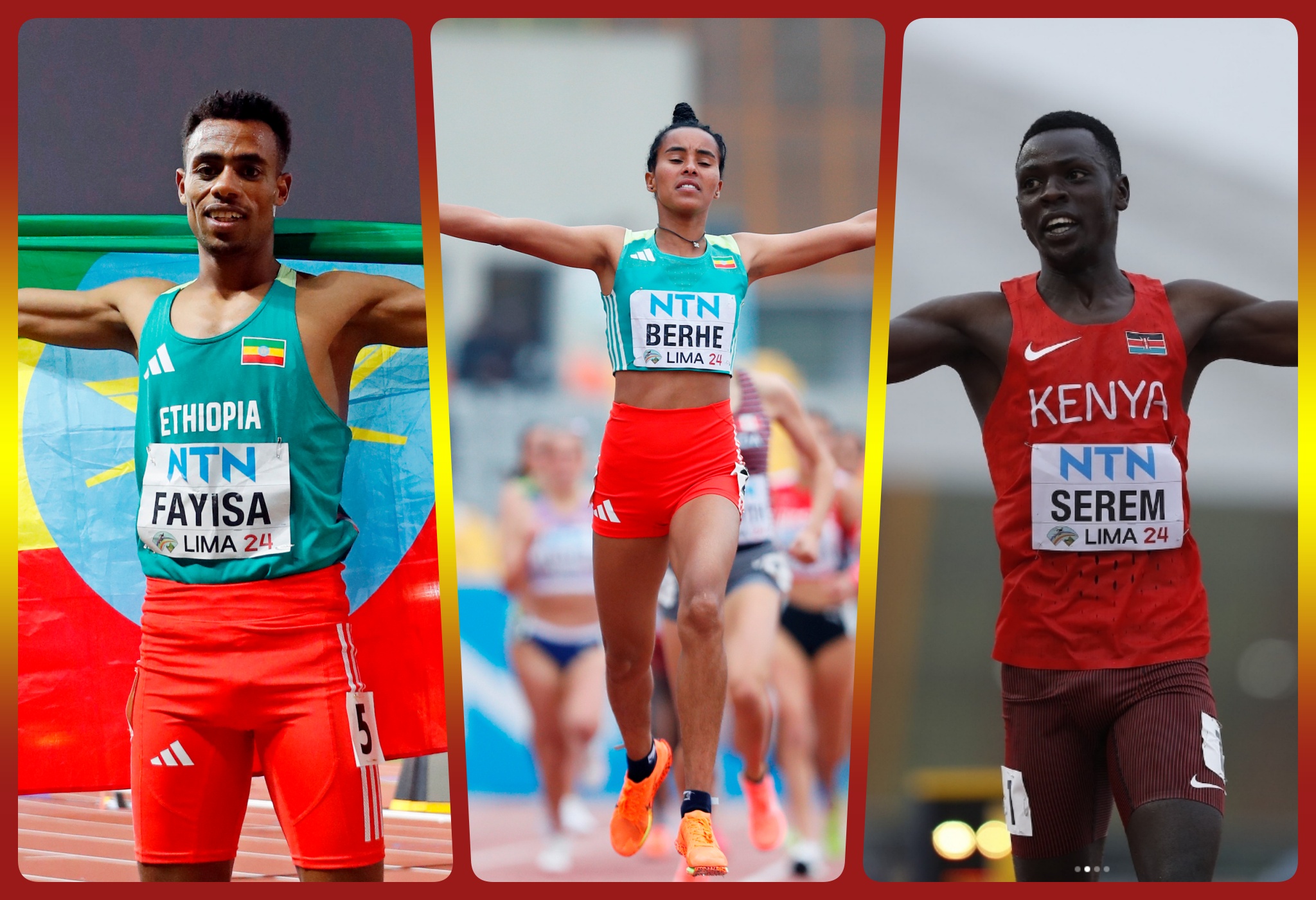 Ethiopians Abdisa Fayisa, Saron Berhe and Kenyan Edmund Serem on the final day of the World Athletics U20 Championships Lima 24 / Photo: World Athletics