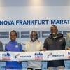 Race Director Jo Schindler with elite runners Hawi Feysa, Magdalyne Masai, Elisha Rotich and Elite Race Coordinator Philipp Kopp in Frankfurt | Photo credit: Norbert Wilhelmi / Mainova Frankfurt Marathon