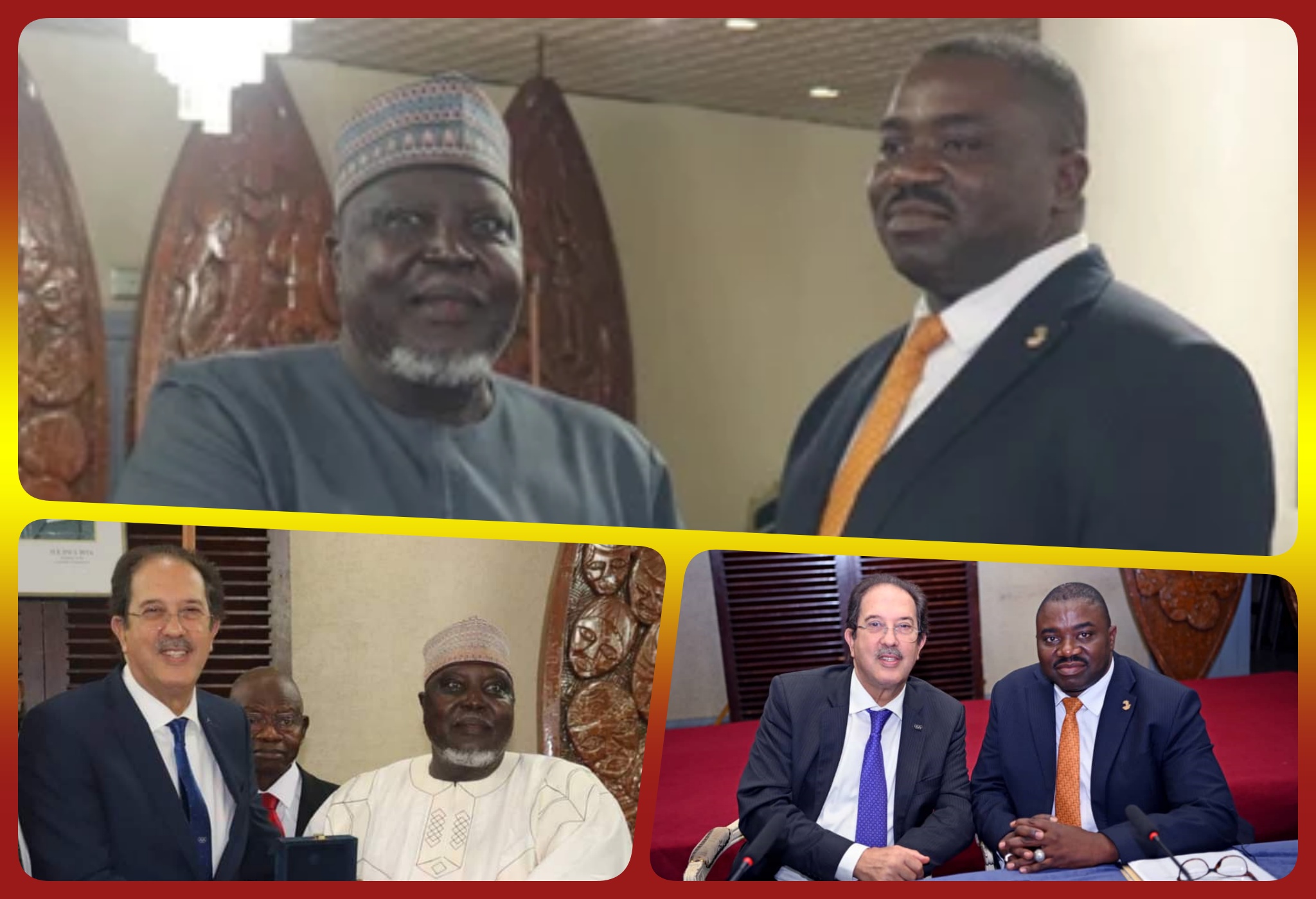 ANOCA President Mustapha Berraf with CAA president Hamad Kalkaba Malboum and Alfred Foloko, President of the National Olympic Committee of Zambia (NOCZ) in Yaoundé, Cameroon