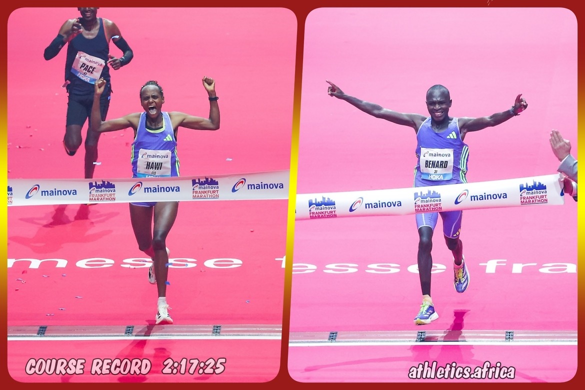 Hawi Feysa and Benard Biwott winning at the Mainova Frankfurt Marathon 2024 | Photo credit: Sailer / photorun.net