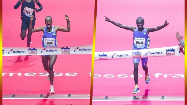 Hawi Feysa and Benard Biwott winning at the Mainova Frankfurt Marathon 2024 | Photo credit: Sailer / photorun.net