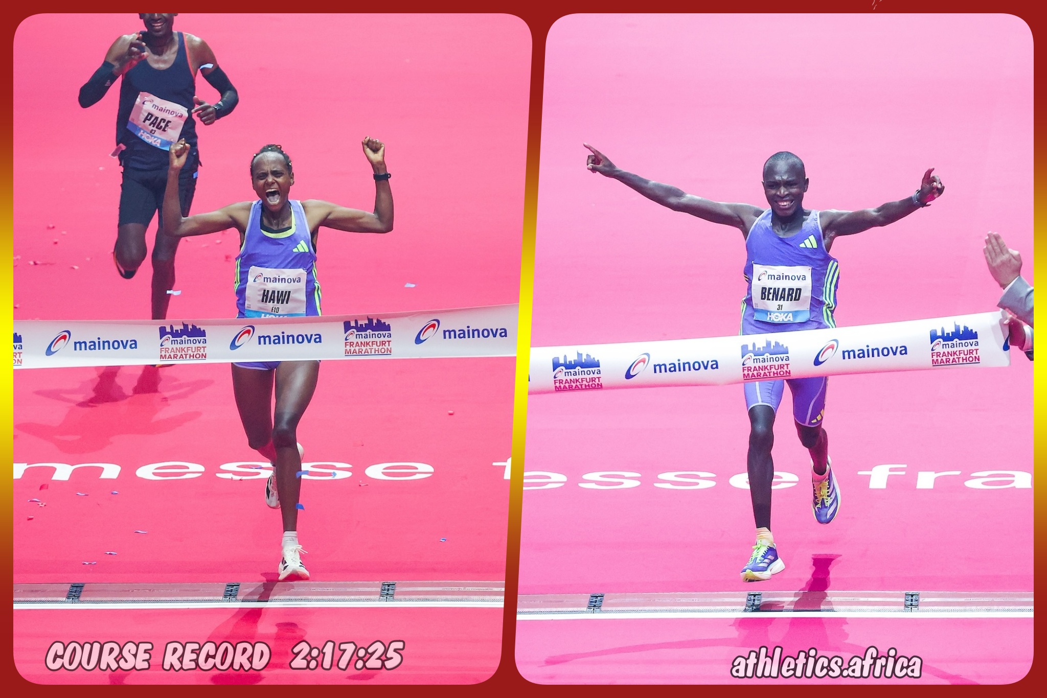 Hawi Feysa and Benard Biwott winning at the Mainova Frankfurt Marathon 2024 | Photo credit: Sailer / photorun.net